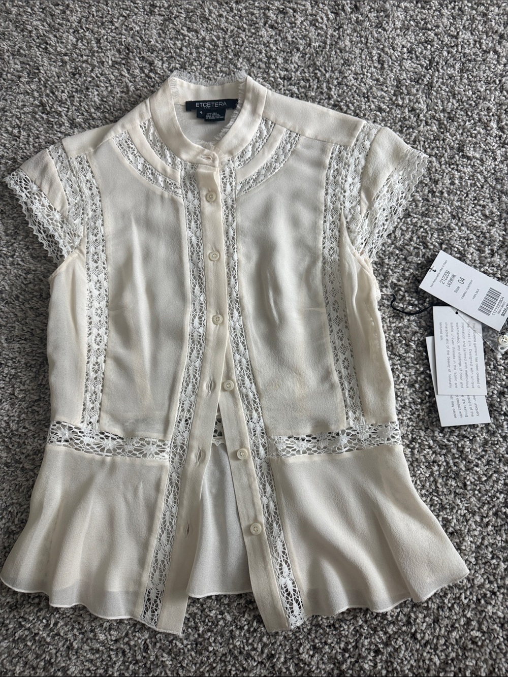 Etcetera Size 4 Ivory Button Front Crochet Lace Inset Peplum Blouse